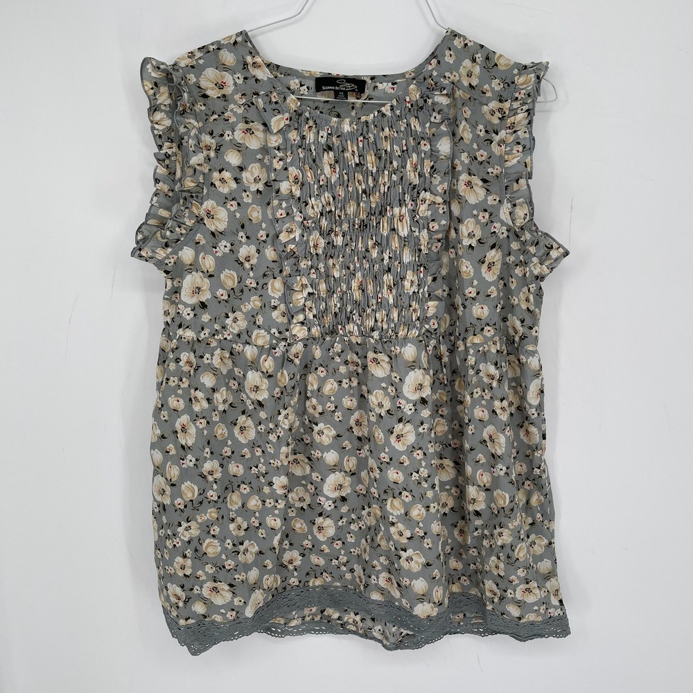 Suzanne Betro Women's Gray Floral Smocked Ruffle Sleeveless Blouse Size 1X